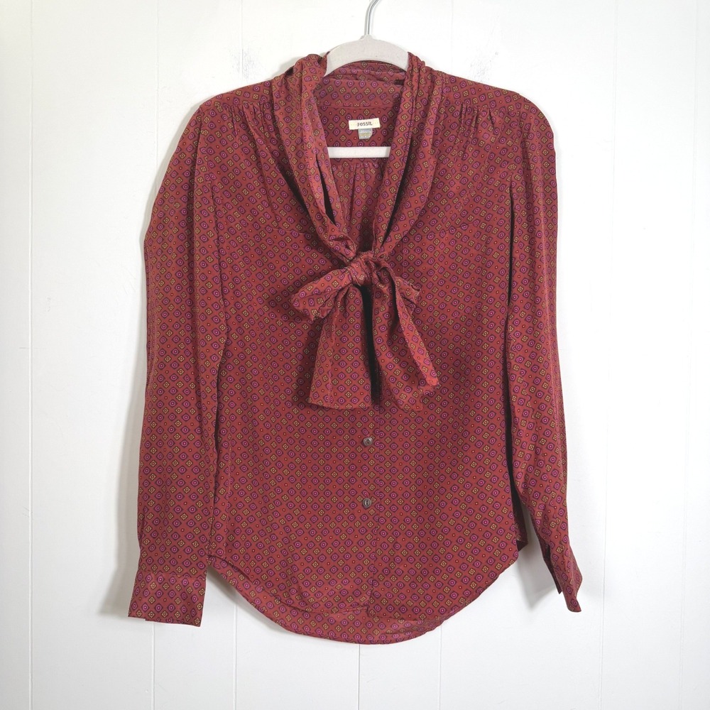 VTG Y2K Fossil Silk Neck Bow Blouse Burgundy Geometric Diamond Print Womens XS